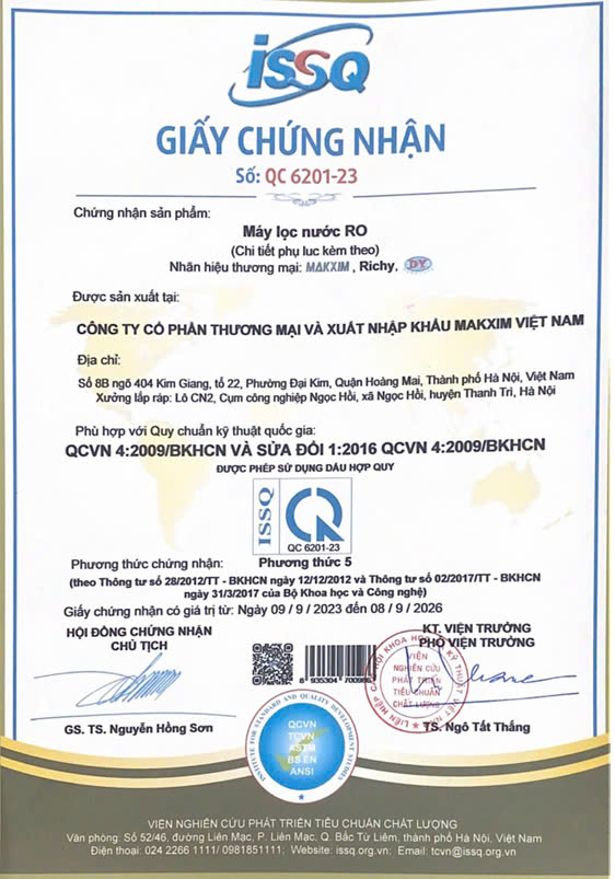 CÔNG BỐ MÁY LỌC NƯỚC PHÙ HỢP QUY CHUẨN KỸ THUẬT QUỐC GIA