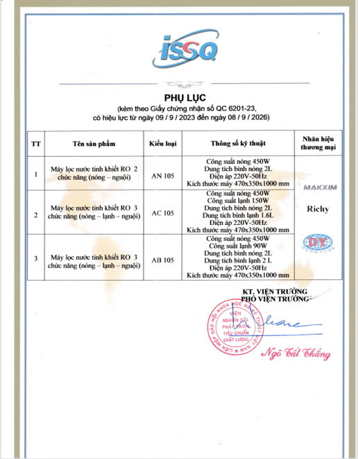 CÔNG BỐ MÁY LỌC NƯỚC PHÙ HỢP QUY CHUẨN KỸ THUẬT QUỐC GIA