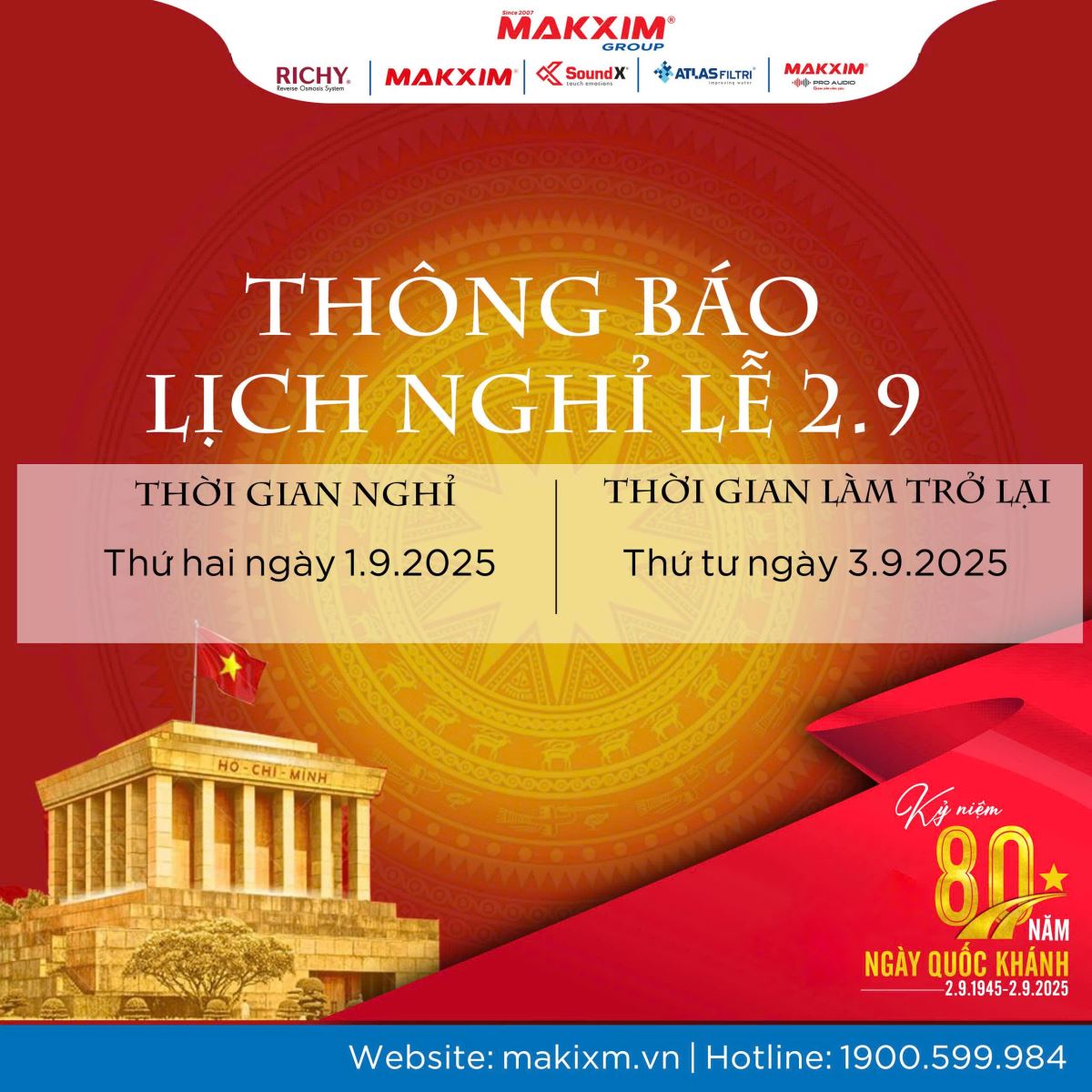 THÔNG BÁO NGHỈ LỄ QUỐC KHÁNH 2/9/2025